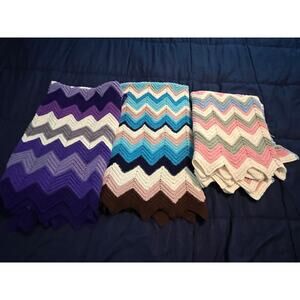VTG Handmade Crochet Afghan Throw Blankets Lot of 3 Chevron Zig Zag 70s Retro